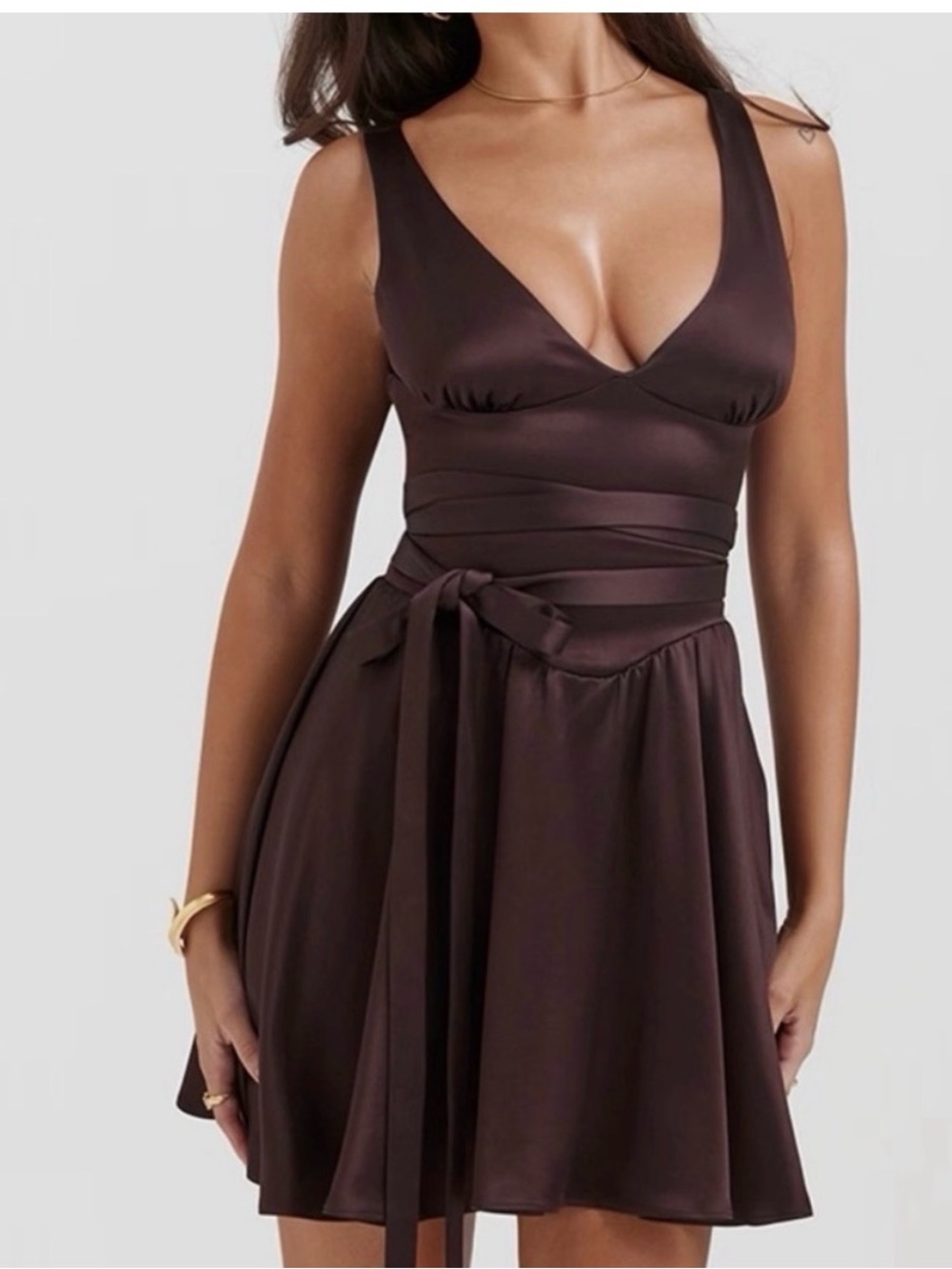 House of CB Chocolate Brown Satin Wrap Mini Dress